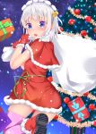  1girl alternate_costume ass bangs bell blue_eyes blush boots box capelet christmas_tree commentary_request cowboy_shot dress eyebrows_visible_through_hair from_behind gift gift_box gloves green_ribbon hair_bell hair_ornament hands_up highres holding holding_sack izayoi_sakuya jingle_bell looking_at_viewer looking_back maid_headdress night night_sky open_mouth outdoors pink_legwear red_capelet red_dress red_footwear red_gloves ribbon sack short_dress short_hair sidelocks silver_hair sky snowing solo standing standing_on_one_leg takashin_nishichakai thigh-highs thighs touhou zettai_ryouiki 