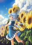  1girl bangs blue_bow blue_eyes blue_hair blue_skirt blue_sky blue_vest bow brown_footwear cha_chya cirno clouds commentary day eyebrows_visible_through_hair feet_out_of_frame field flower flower_field from_behind grin hair_bow highres holding holding_flower ice ice_wings lens_flare looking_at_viewer looking_back miniskirt outdoors petals running shirt shoes short_hair short_sleeves sidelocks skirt skirt_set sky smile socks solo sunflower thighs touhou vest white_legwear white_shirt wings 