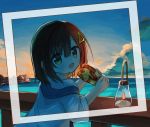 1girl :d bangs blue_sky brown_eyes brown_hair clouds commentary_request dress eyebrows_visible_through_hair food hair_between_eyes hair_ornament holding holding_food hood hood_down horizon lantern looking_at_viewer looking_to_the_side ocean open_mouth original outdoors railing sandwich sky smile solo sunrise water white_dress wide_sleeves yuuhagi_(amaretto-no-natsu) 