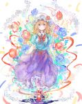  1girl blonde_hair blue_shirt blue_skirt bow bug butterfly cherry_blossoms commentary_request floral_print flower hat highres insect long_hair maribel_hearn mob_cap print_skirt red_bow red_footwear rose shirt short_sleeves skirt solo touhou uwazumi violet_eyes white_headwear 