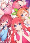 5girls ;d ;p absurdres ahoge bangs blue_cardigan blue_eyes breasts cardigan eyebrows_visible_through_hair go-toubun_no_hanayome green_hairband green_ribbon grin hair_between_eyes hair_ornament hair_over_one_eye hair_ribbon hairband hands_up headphones headphones_around_neck highres jacket long_hair long_sleeves looking_at_viewer medium_breasts mika_pikazo multiple_girls nakano_ichika nakano_itsuki nakano_miku nakano_nino nakano_yotsuba one_eye_closed open_mouth orange_hair pink_hair pink_vest purple_jacket reaching_out redhead ribbon scan shirt short_hair short_sleeves sleeves_past_wrists smile star star_hair_ornament tongue tongue_out upper_body v vest white_background white_shirt