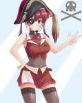 1girl absurdres armpits arrow_through_heart bangs bare_shoulders buttons closed_mouth covered_navel cravat eyepatch gem hair_between_eyes hand_on_hip hat highres hololive houshou_marine leotard looking_at_viewer medium_hair miniskirt pink_hair pirate pirate_hat red_eyes red_skirt skirt skull skull_and_crossbones solo takechi49 thigh-highs virtual_youtuber w zettai_ryouiki 