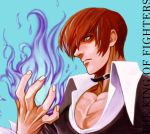  1boy blue_background choker fire hair_over_one_eye juu_satoshi male_focus purple_fire red_eyes redhead simple_background solo the_king_of_fighters yagami_iori 