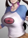  1girl bow breasts brown_hair collarbone facing_viewer hair_bow highres kumako_(kumakonoh) large_breasts lips long_hair mei_(pokemon) pink_bow pokemon pokemon_(game) pokemon_bw2 pokemon_masters raglan_sleeves shirt shorts solo twintails yellow_shorts 