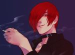  1boy choker cigarette eyeshadow hair_over_one_eye holding holding_cigarette juu_satoshi looking_at_viewer looking_down makeup male_focus red_eyes red_eyeshadow redhead smirk solo the_king_of_fighters yagami_iori 