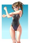  1girl bangs black_swimsuit blue_neckwear blush breasts brown_hair commentary_request competition_swimsuit covered_navel derivative_work eyebrows_visible_through_hair gradient gradient_background hair_between_eyes highleg highleg_swimsuit highres katahira_masashi lips long_hair medium_breasts one-piece_swimsuit original ponytail simple_background skindentation smile solo standing stretch swimsuit violet_eyes 