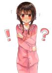  !? 1girl absurdres blush brown_hair cowboy_shot eyebrows_visible_through_hair flat_chest highres kono_subarashii_sekai_ni_shukufuku_wo! looking_at_viewer medium_hair megumin open_mouth pajamas red_eyes simple_background solo sweat white_background yuno_(suke_yuno) 