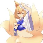  1girl animal_ears arm_up bangs blonde_hair blush bra breasts brother_(artist) commentary_request eyebrows_visible_through_hair fox_ears fox_tail frilled_bra frills groin hair_between_eyes hand_on_headwear hat highres lifted_by_self light_smile looking_at_viewer medium_breasts multiple_tails navel pillow_hat shirt shirt_lift short_hair short_sleeves simple_background solo stomach tabard tabard_lift tail touhou underwear white_background white_bra white_headwear white_shirt wide_sleeves yakumo_ran yellow_eyes 