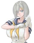  1girl blue_eyes breasts commentary_request gloves hair_ornament hair_over_one_eye hairclip hamakaze_(kantai_collection) impossible_clothes kantai_collection large_breasts looking_at_viewer neckerchief school_uniform serafuku short_hair silver_hair simple_background solo sozan white_background white_gloves yellow_neckwear 