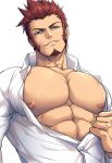  1boy abs bara beard blue_eyes brown_hair bursting_pecs chest collared_shirt facial_hair fate/grand_order fate_(series) long_sleeves looking_at_viewer male_focus muscle napoleon_bonaparte_(fate/grand_order) nipples open_clothes pectorals shirt sideburns smile solo soulga3 