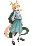  1girl alphes_(style) antlers aqua_skirt arm_at_side black_footwear blonde_hair blue_shirt collarbone commentary_request dairi dragon_girl dragon_tail eyebrows_visible_through_hair full_body highres kicchou_yachie looking_at_viewer mary_janes outstretched_arm parody reaching_out red_eyes shirt shoes short_hair skirt smile socks solo standing style_parody tachi-e tail touhou transparent_background white_legwear 