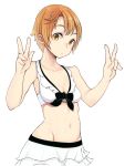  1girl bare_arms bare_shoulders bikini bikini_skirt black_bow bow breasts collarbone fingernails ginji74 groin hair_ornament hairclip hands_up highres navel orange_hair original short_hair simple_background small_breasts solo swimsuit white_background white_bikini yellow_eyes 