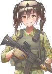  1girl black_hair blush brown_eyes brown_gloves camouflage_jacket commentary_request eyebrows_visible_through_hair gloves grin gun hair_between_eyes highres holding holding_gun holding_weapon idolmaster idolmaster_cinderella_girls idolmaster_cinderella_girls_starlight_stage long_hair looking_at_viewer medium_hair military military_uniform sharp_teeth shoukichi_(shony) simple_background smile sunazuka_akira teeth twintails uniform weapon white_background 
