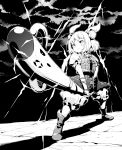  1girl armor boots clouds cloudy_sky commentary_request double_bun foreshortening greyscale hair_ribbon haniwa_(statue) highres holding joutouguu_mayumi lightning monochrome parody puffy_short_sleeves puffy_sleeves ribbon shadow short_hair short_sleeves sky solo sunrise_stance tanasuke touhou two-handed vambraces 