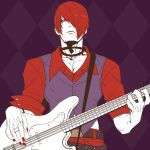  1boy argyle argyle_background choker earrings electric_guitar flat_color guitar hair_over_one_eye instrument jewelry juu_satoshi male_focus music nail_polish playing_instrument red_eyes redhead ring solo the_king_of_fighters vest waistcoat yagami_iori 