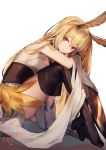  1girl animal_ears bangle bangs black_footwear blonde_hair boots bracelet breasts character_request copyright_request feathers gold high_heel_boots high_heels highres jewelry kyouya_(mukuro238) long_hair medium_breasts red_eyes sidelocks signature sitting sleeveless solo thigh-highs thigh_boots very_long_hair 
