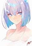  1girl blue_eyes breasts commentary_request dress eyebrows_visible_through_hair grey_hair highres jazztaki medium_breasts multicolored_hair original short_hair signature smile solo streaked_hair upper_body white_background white_dress white_hair 