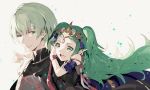  1boy 1girl 9750isz armor black_armor braid byleth_(fire_emblem) byleth_eisner_(male) closed_mouth fire_emblem fire_emblem:_three_houses green_eyes green_hair hair_ornament long_hair manakete open_mouth pointing pointy_ears short_hair simple_background smile sothis_(fire_emblem) tiara twin_braids upper_body white_background 