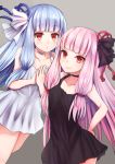  2girls :o bangs bare_arms bare_shoulders black_dress blue_hair blunt_bangs blush collarbone commentary_request dress eyebrows_visible_through_hair grey_background highres kakan_(amka) kotonoha_akane kotonoha_aoi long_hair looking_at_viewer multiple_girls open_mouth pink_hair red_eyes simple_background smile voiceroid white_dress 