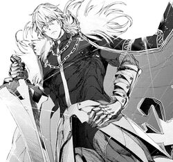  1boy abs armor bangs biceps cape chest excalibur_galatine fate/extra fate_(series) fur_trim gawain_(fate/extra) gawain_(fate/grand_order) greyscale hand_on_hip jewelry looking_at_viewer male_focus manly monochrome muscle official_art pectorals solo standing sword thick_thighs thighs toned toned_male weapon 