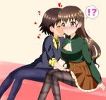  !? 2girls black_legwear blue_sweater blush breasts brown_eyes brown_hair closed_eyes closed_mouth cuddling eyebrows_visible_through_hair girls_und_panzer hand_on_hip hand_on_thighs heart highres hug isobe_noriko large_breasts long_hair multiple_girls necktie pants pantyhose rukuriri shiny shiny_hair shiny_skin short_hair sitting skirt small_breasts smile speech_bubble striped striped_neckwear sweater tanutika yuri 