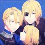  1boy age_progression armor blonde_hair blue_background blue_eyes dimitri_alexandre_bladud eyepatch fire_emblem fire_emblem:_three_houses fur_trim garreg_mach_monastery_uniform highres long_hair solo teeth upper_body ybaoi 