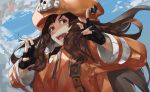  1girl anchor_symbol belt black_gloves blazpu brown_eyes brown_hair clouds cloudy_sky english_commentary fingerless_gloves gloves guilty_gear guilty_gear_2020 hat highres long_hair long_sleeves looking_at_viewer may_(guilty_gear) open_mouth orange_headwear orange_hoodie pirate_hat skull_and_crossbones sky solo 
