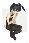  1girl animal_ears bare_shoulders black_legwear blue_hair blush bow bowtie breasts bunny_girl bunnysuit detached_collar fake_animal_ears full_body green_ribbon hair_ribbon highres houshou_(kantai_collection) kantai_collection kuro4221 long_hair looking_at_viewer no_shoes pantyhose ponytail rabbit_ears ribbon simple_background sitting small_breasts solo white_background 