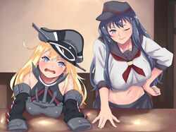  1girl age_regression age_switch akatsuki_(kantai_collection) anchor_symbol bismarck_(kantai_collection) black_hair black_headwear black_sailor_collar black_skirt blonde_hair blue_eyes breastplate commentary_request cowboy_shot detached_sleeves flat_cap grey_eyes grey_headwear hair_between_eyes hand_on_hip hat kantai_collection long_hair looking_at_viewer midriff navel neckerchief older one_eye_closed open_mouth oversized_clothes peaked_cap red_neckwear role_reversal sailor_collar shingyo skirt smug solo table undersized_clothes upper_body younger 