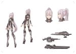  1girl absurdres back bad_hands breasts cancell character_sheet full_body grey_eyes high_heels highres impossible_clothes long_hair medium_breasts open_clothes original ponytail red_eyes science_fiction spread_legs thigh_strap weapon 