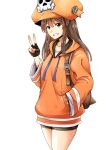  1girl anchor_symbol backpack bag bike_shorts black_gloves brown_eyes brown_hair fang fingerless_gloves gloves grin guilty_gear guilty_gear_2020 hand_in_pocket hat hood hood_down hoodie looking_at_viewer may_(guilty_gear) medium_hair orange_headwear orange_hoodie pirate_hat ponkotsu skull_and_crossbones smile solo v 