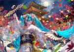  1girl absurdres animal_print aqua_hair architecture arm_up autumn_leaves bangs bird bird_print blue_eyes blunt_bangs cloud_print clouds cloudy_sky commentary crane_(animal) dancing east_asian_architecture egasumi fan floral_print flower full_moon gold_trim hair_flower hair_ornament hatsune_miku highres holding holding_fan japanese_clothes kanzashi kimono leaf lipstick long_hair looking_to_the_side maeko_(pixiv17012595) makeup maple_leaf moon night night_sky obi outdoors outstretched_arms sash sky solo tassel temple tree twintails upper_body very_long_hair vocaloid white_kimono wide_sleeves wing_print 