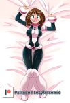  1girl absurdres blush bodysuit boku_no_hero_academia breasts dakimakura eyebrows_visible_through_hair highres shiny shiny_clothes shiny_hair short_hair solo solo_focus uraraka_ochako zanatemx 