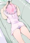  1girl ahoge ass back bare_legs breasts cellphone couch from_behind holding holding_phone idolmaster idolmaster_cinderella_girls indoors inu_(aerodog) large_breasts lying multicolored_hair on_couch on_stomach panties pantyshot pantyshot_(lying) phone pillow pink_hair shirt short_hair short_sleeves simple_background smartphone solo t-shirt thighs two-tone_hair underwear yumemi_riamu 