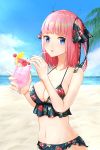 1girl bangs beach bikini black_bikini blue_eyes blunt_bangs blush breasts commentary_request cup day drinking_glass drinking_straw eyebrows_visible_through_hair floral_print glass go-toubun_no_hanayome hair_ornament hair_ribbon highres large_breasts large_hands long_hair looking_at_viewer nakano_nino ocean outdoors pink_hair ribbon solo swimsuit toffee_paint 