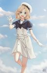  1girl a_rokhman absurdres black_neckwear black_shirt blonde_hair blue_eyes blue_sailor_collar blue_sky clouds day dress feet_out_of_frame gloves hat highres janus_(kantai_collection) kantai_collection looking_at_viewer open_mouth outdoors sailor_collar sailor_dress sailor_hat shirt short_hair short_sleeves sky smile solo white_dress white_gloves white_headwear 
