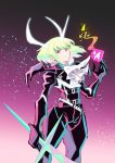  1boy armored_boots belt black_gloves black_jacket boots claws cravat earrings fire gloves green_hair highres horns jacket jewelry lio_fotia looking_at_viewer male_focus promare short_hair smile solo sword usagineko violet_eyes weapon 