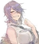  bare_shoulders blush checkered checkered_neckwear eyepatch hair_over_one_eye jewelry kantai_collection looking_at_viewer necktie purple_hair ring short_hair sketch smirk tenryuu_(kantai_collection) toomiriku wedding_band white_background yellow_eyes 