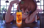  1girl blurry blurry_foreground bracelet brown_hair clover_hair_ornament commentary_request cup depth_of_field drinking_glass drinking_straw eraser four-leaf_clover_hair_ornament glasses green_eyes hair_ornament hairclip head_rest highres jewelry n2_(yf33) original pencil school_uniform serafuku solo table 
