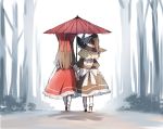  2girls apron black_dress black_headwear blonde_hair bow brown_hair commentary_request dress forest from_behind full_body hakurei_reimu hat hat_bow holding holding_umbrella kirisame_marisa long_hair long_sleeves multiple_girls nature oriental_umbrella outdoors petticoat piyokichi red_bow red_skirt red_umbrella shadow shoes skirt skirt_set socks touhou tree umbrella waist_apron walking white_apron white_bow white_legwear witch_hat 