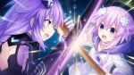  2girls battle blue_eyes braid brave_neptune breasts clash d-pad d-pad_hair_ornament duel game_cg hair_ornament highres long_hair looking_at_viewer multiple_girls neptune_(neptune_series) neptune_(series) official_art open_mouth purple_hair purple_heart short_hair sword symbol-shaped_pupils tsunako twin_braids very_long_hair violet_eyes weapon wooden_sword 