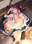  1girl ;o arm_up bangs bare_shoulders black_headwear blue_hair blue_skirt bra cat commentary_request feet_out_of_frame food from_above fruit hair_between_eyes head_tilt highres hinanawi_tenshi leaf long_hair long_sleeves looking_at_viewer lying navel off_shoulder on_back one_eye_closed open_clothes open_shirt peach petticoat red_eyes sidelocks skirt sliding_doors solo stomach tetsurou_(fe+) thighs touhou underwear white_bra 