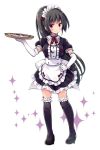  1girl alternate_costume alternate_hairstyle apron black_dress black_hair black_legwear dress elbow_gloves fish frilled_apron frilled_dress frilled_legwear frills full_body gloves isokaze_(kantai_collection) kantai_collection long_hair looking_at_viewer maid maid_headdress odawara_hakone ponytail red_eyes saury simple_background smile solo sparkle thigh-highs tray waist_apron waitress white_apron white_background white_gloves 