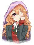  1girl black_jacket blanket blazer buttons cardigan closed_mouth collared_shirt commentary_request hair_ornament hairclip hand_up jacket konoe_kanata long_hair long_sleeves looking_at_viewer love_live! love_live!_school_idol_festival moyui_(myi_005) neck_ribbon one_eye_closed open_clothes open_jacket orange_hair red_cardigan ribbon school_uniform shirt solo tears undershirt upper_body violet_eyes wavy_hair white_shirt 