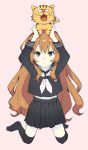  1girl 1other aisaka_taiga angry animal animal_on_head ascii_media_works black_legwear black_sailor_collar black_serafuku black_shirt black_skirt brown_eyes brown_hair full_body gedou_(ge_ge_gedou) highres human j.c._staff kneeling long_hair long_skirt neckerchief on_head palmtop_tiger pink_background sailor_collar school_uniform serafuku shirt simple_background skirt thigh-highs tiger toradora! tsundere white_neckwear 