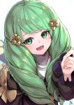  1girl bow fire_emblem fire_emblem:_three_houses flayn_(fire_emblem) garreg_mach_monastery_uniform green_eyes green_hair hair_ornament highres long_hair long_sleeves nakabayashi_zun open_mouth simple_background solo uniform upper_body white_background 