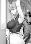  3girls arm_up armpits bag bangs belt blurry blurry_background blush breasts eyebrows_visible_through_hair gentsuki greyscale half-closed_eyes highres interior large_breasts long_hair looking_at_viewer monochrome multiple_girls original shirt shoulder_bag sidelocks skirt sleeveless sleeveless_shirt smile tareme 