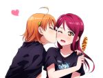  2girls ahoge arm_around_shoulder bangs black_shirt blush closed_eyes clothes_writing clover_hair_ornament copyright_name corndog face_licking food food_on_face hair_ornament hairclip half_updo hand_on_another&#039;s_shoulder heart highres holding holding_food kougi_hiroshi licking long_hair love_live! love_live!_sunshine!! multiple_girls one_eye_closed open_mouth sakurauchi_riko shirt short_hair short_sleeves simple_background t-shirt takami_chika upper_body wavy_mouth white_background yellow_eyes yuri 