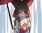  1girl ascot bare_shoulders blush bow brown_eyes brown_hair collarbone commentary_request detached_sleeves flying_sweatdrops hair_bow hair_tubes hakurei_reimu holding holding_umbrella long_hair long_sleeves looking_at_viewer open_mouth oriental_umbrella piyokichi rain red_bow red_umbrella sidelocks solo touhou umbrella upper_body yellow_neckwear 