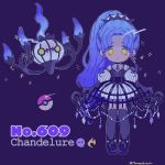  ball black_footwear black_gloves blue_hair chandelure character_name choker creature_and_personification dress eyes_visible_through_hair full_body gen_5_pokemon gloves gradient_hair grey_legwear highres long_hair looking_at_viewer mameeekueya multicolored_hair number personification poke_ball poke_ball_(generic) pokemon pokemon_(creature) pokemon_number ponytail puffy_sleeves purple_background shoes simple_background sparkle standing strap striped striped_dress thigh-highs twitter_username very_long_hair yellow_eyes zipper 